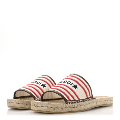 Gucci Canvas Miro Soft Calfskin Striped Mens Espadrille Flat Slide Sandals 10 Greggio Brown Sugar 4 of 9