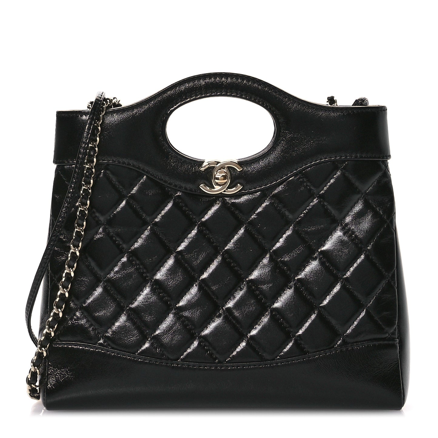 Shiny Crumpled Calfskin Quilted Mini 31 Shopping Bag Black
