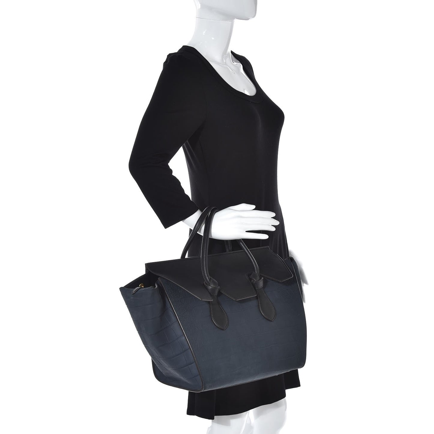 Smooth Calfskin Nubuck Crocodile Embossed Small Tie Knot Tote Navy