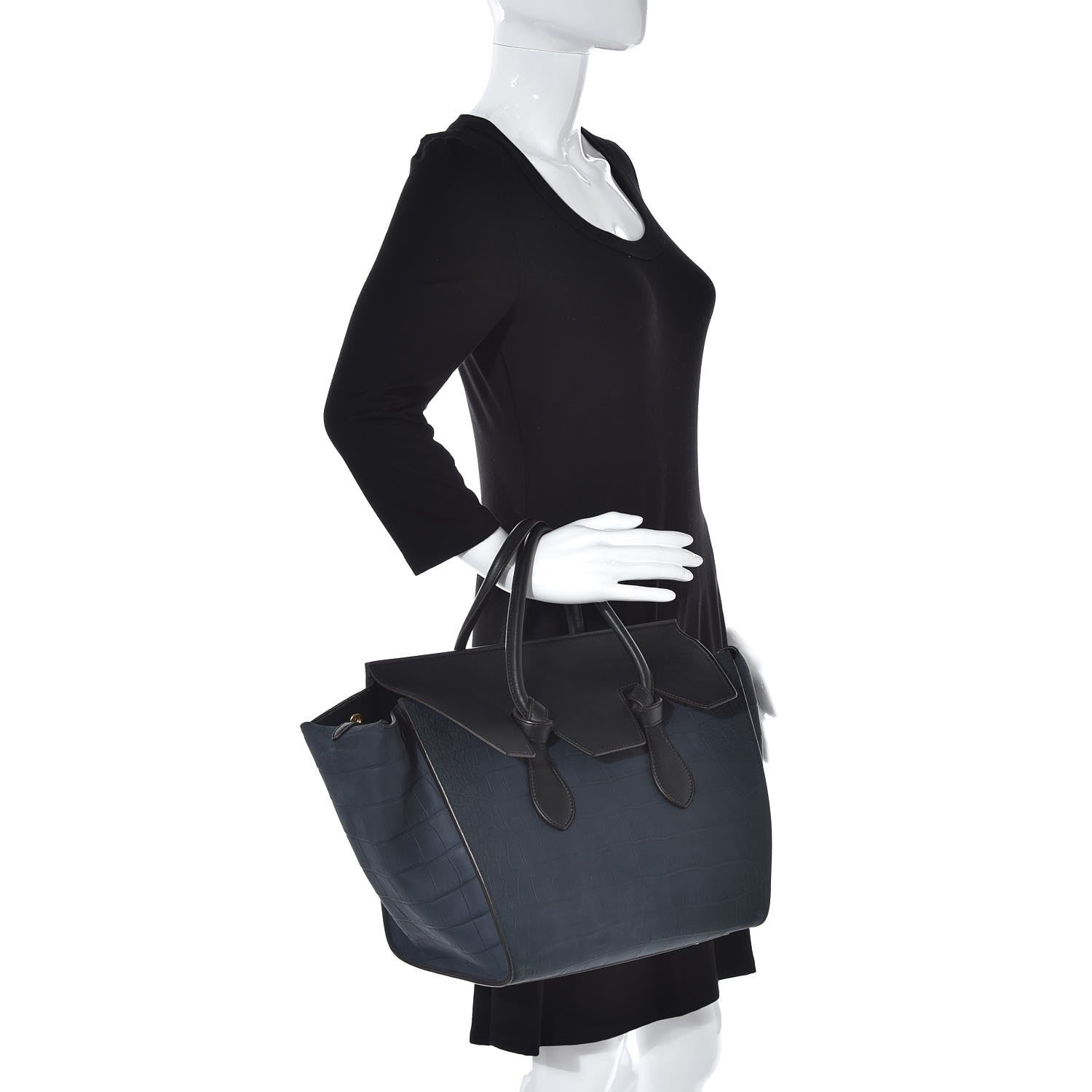 Celine Smooth Calfskin Nubuck Crocodile Embossed Small Tie Knot Tote Navy 2 of 16