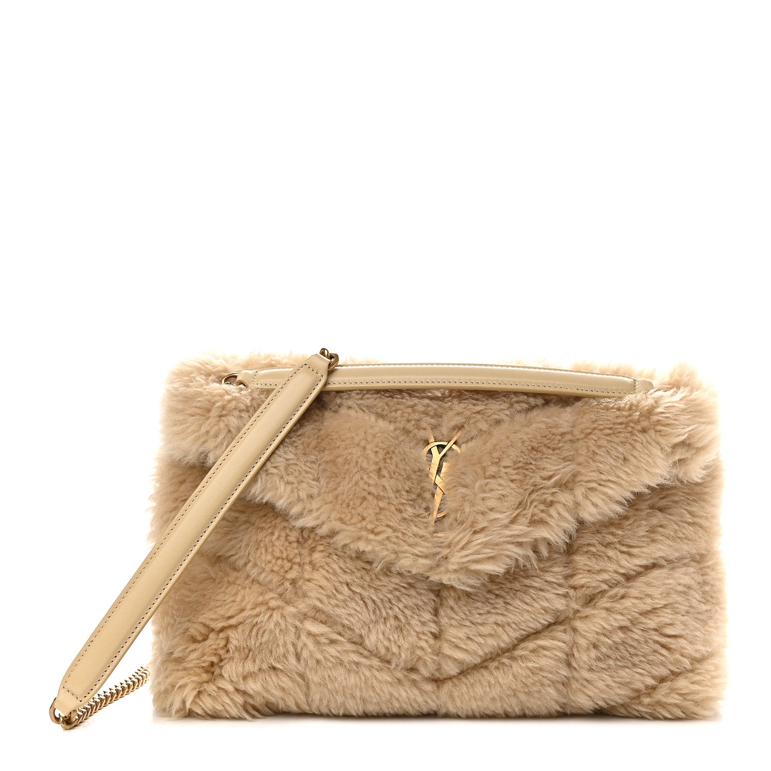 Saint Laurent Merino Shearling Lambskin Quilted Small Loulou Puffer Monogram Chain Satchel Natural Beige 1 of 8