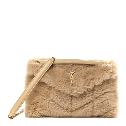 Saint Laurent Merino Shearling Lambskin Quilted Small Loulou Puffer Monogram Chain Satchel Natural Beige 1 of 8