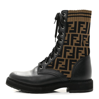 Fendi Calfskin Stretch Fabric FF Rockoko Biker Boots 40 Black Tobacco 1 of 11