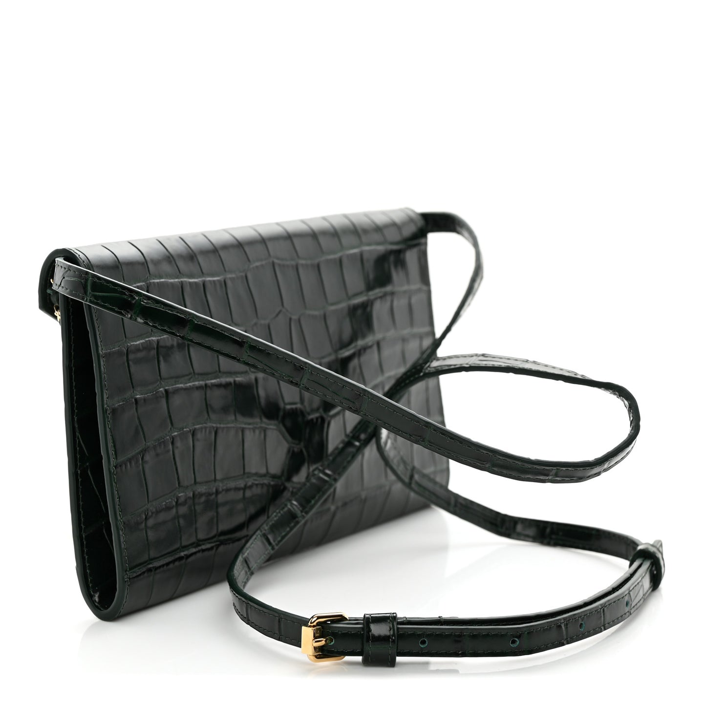 Calfskin Crocodile Embossed Envelope Clutch With Chain Emerald