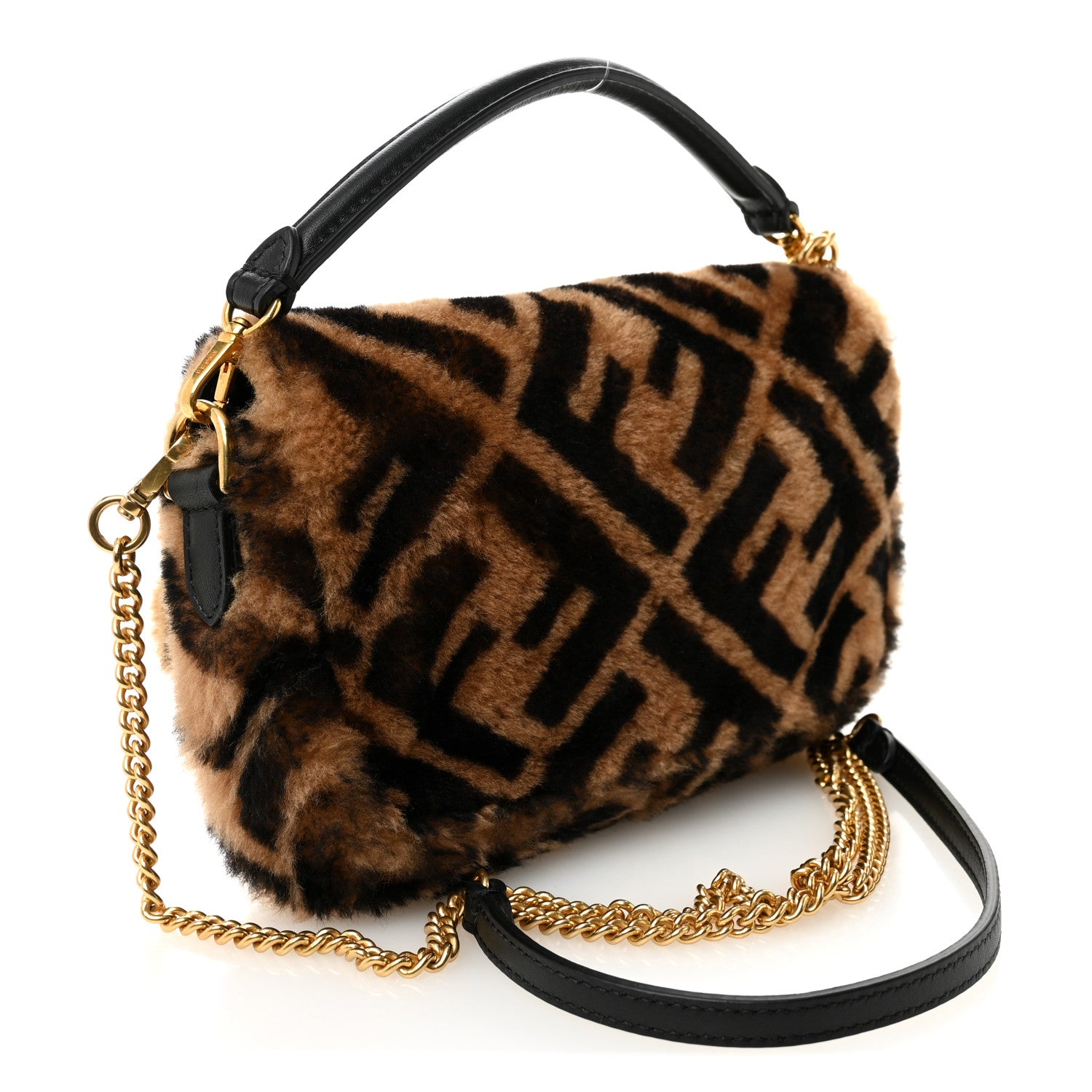 Fendi Shearling Vitello Dolce Macro FF 1974 Mini Baguette Tobacco Black 3 of 10