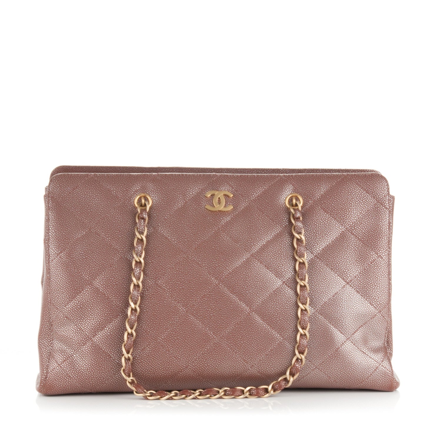 Metallic Caviar Quilted Shopping Tote Brown