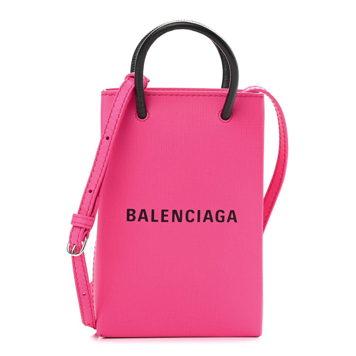 Squared Calfskin Logo Shopping Phone Holder Bag Acid Fuchsia
