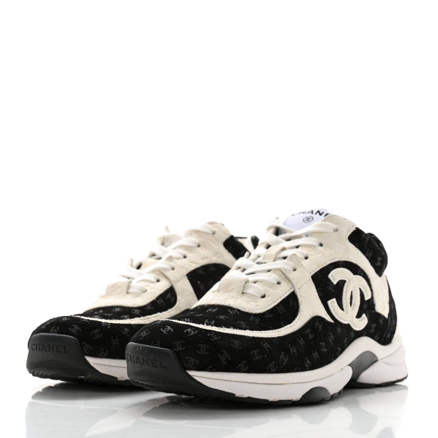 Nylon Suede Calfskin Printed CC Sneakers 38.5 White Black