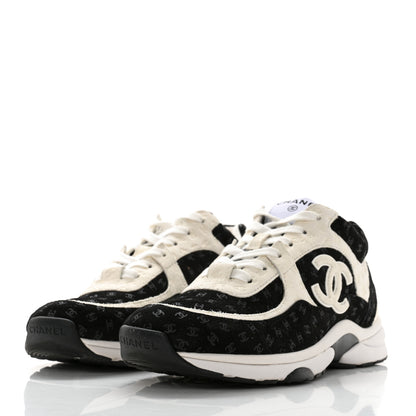 Chanel Nylon Suede Calfskin Printed CC Sneakers 38.5 White Black 3 of 9