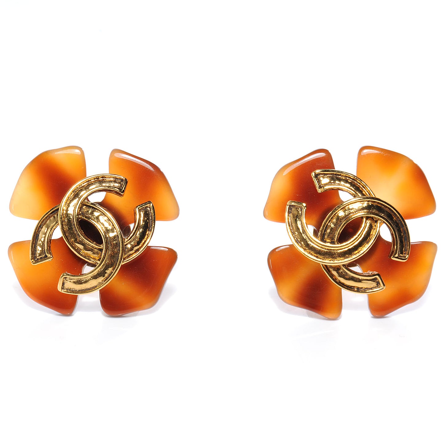 Faux Tortoise Clover Cross CC Clip On Earrings Gold