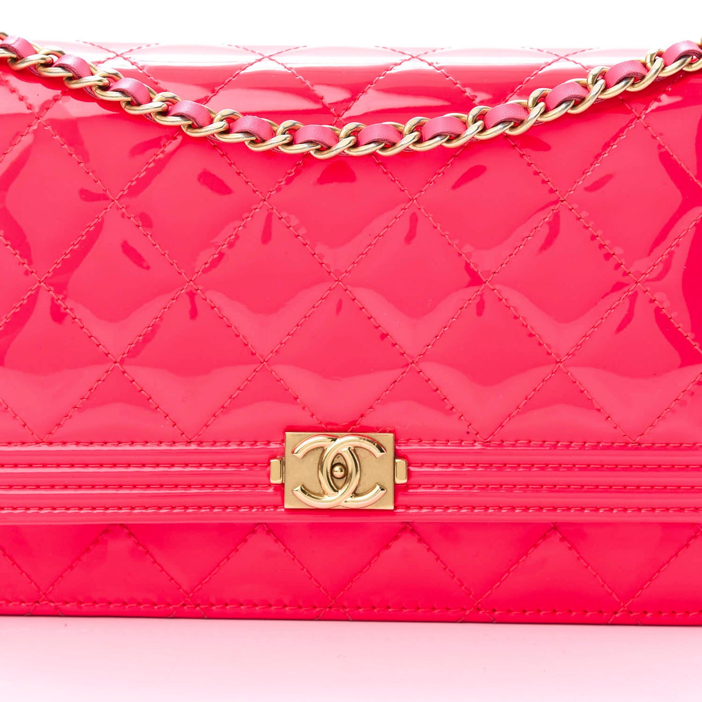 Patent Calfskin Quilted Boy Wallet On Chain WOC Pink