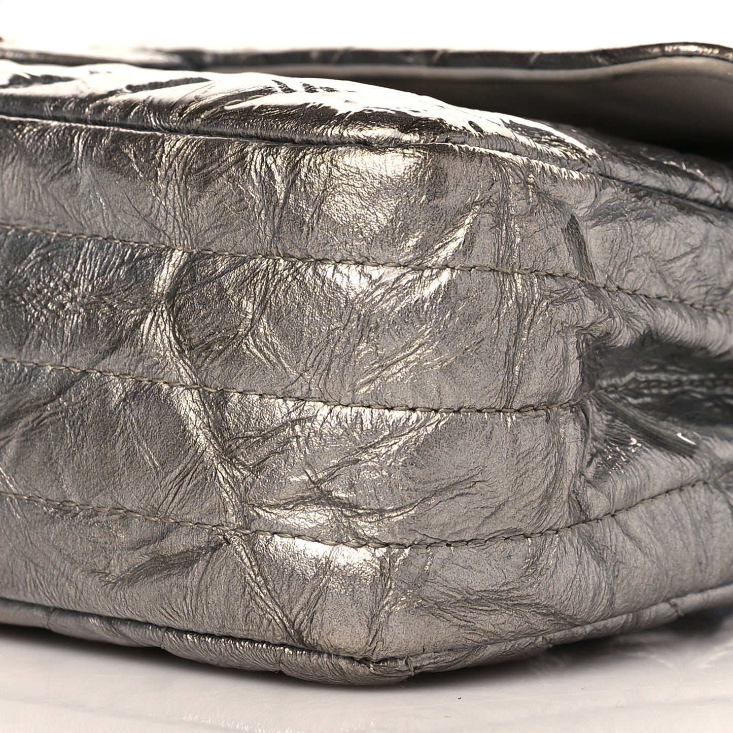 Metallic Patent Crumpled Calfskin Chevron Quilted Medium Double Flap Silver