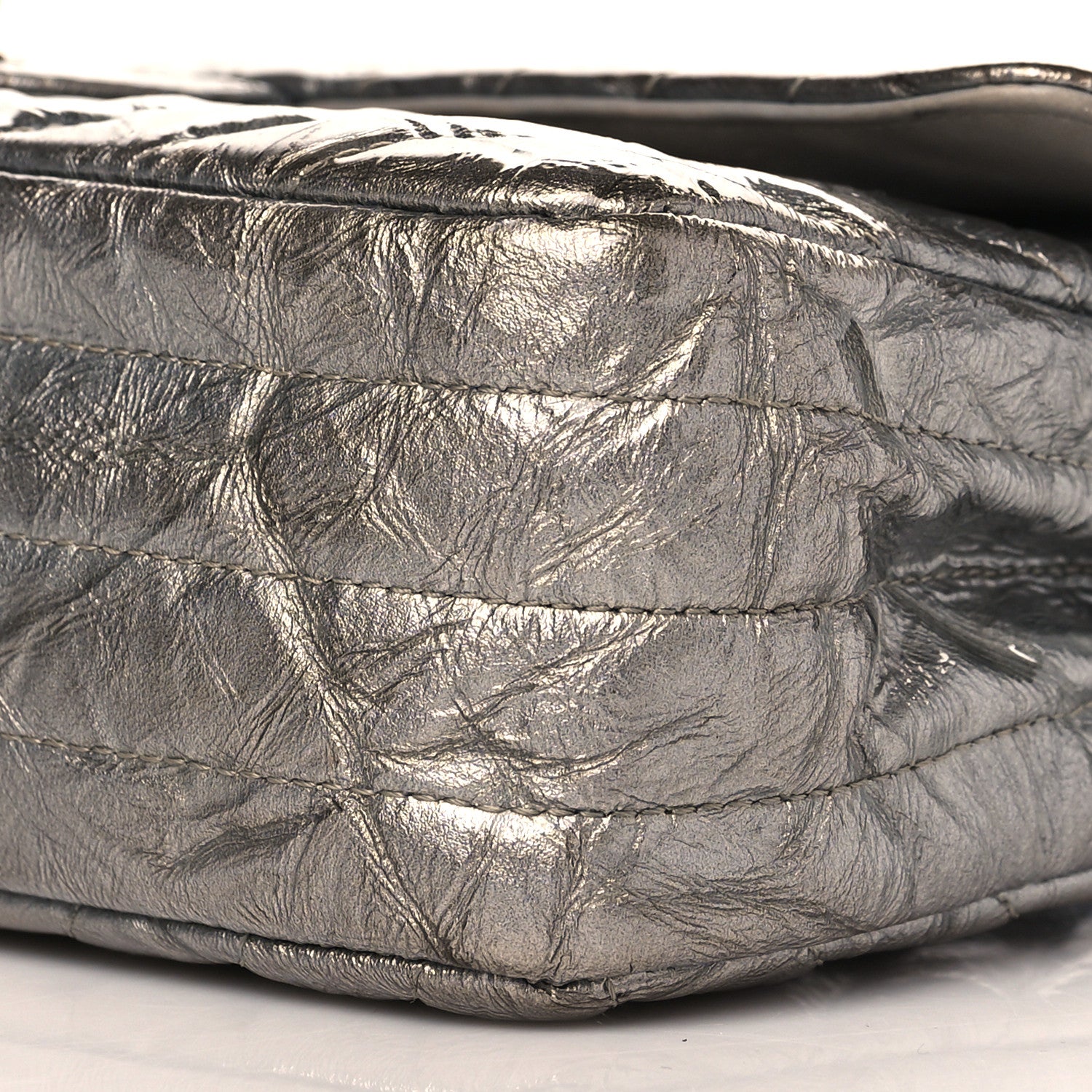 Chanel Metallic Patent Crumpled Calfskin Chevron Quilted Medium Double Flap Silver 9 of 13