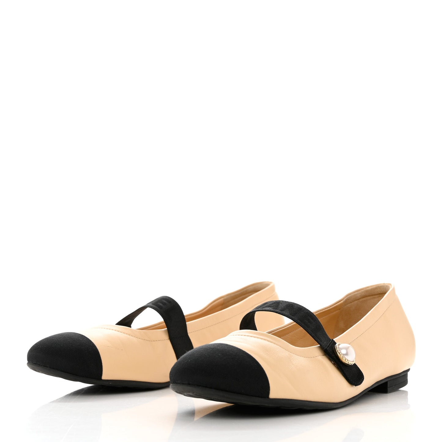 Lambskin Grosgrain Pearl Cap Toe Ballerina Flats 40 Beige Black