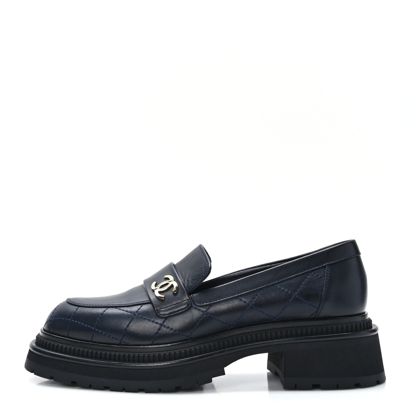 Calfskin Quilted CC Mocassin Loafers 39 Navy Blue