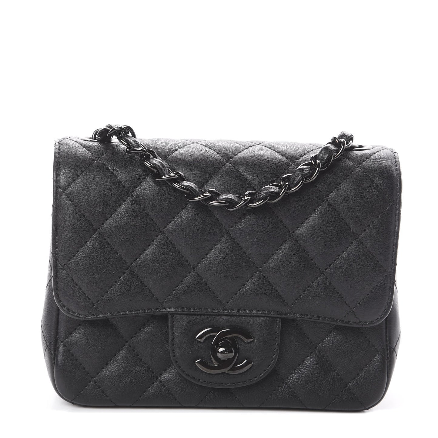 Crumpled Calfskin Quilted Mini Square Flap So Black