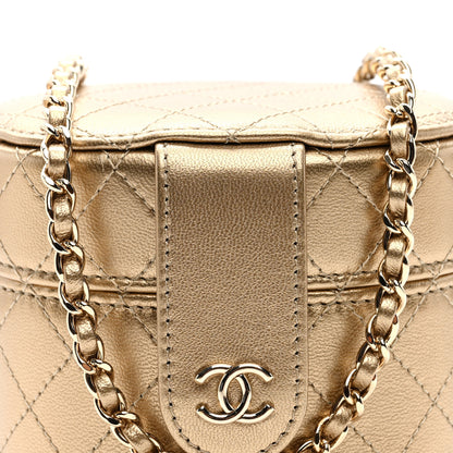 Chanel Metallic Lambskin Quilted Round Mini Vanity Case With Chain Gold 9 of 11