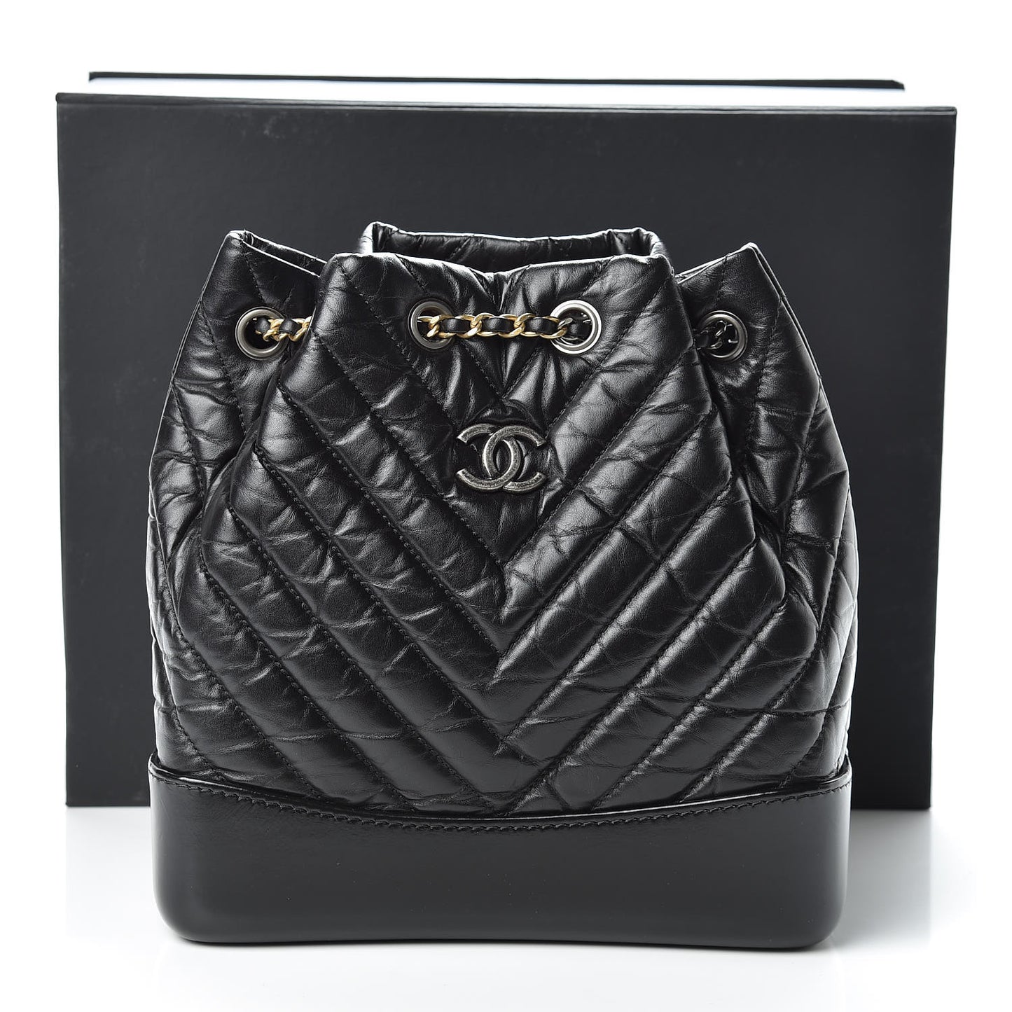 Aged Calfskin Chevron Quilted Small Gabrielle Backpack Black