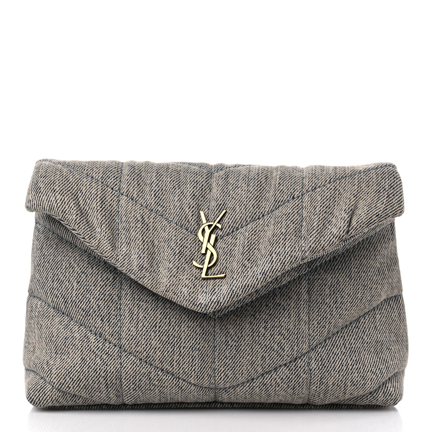 Saint Laurent Denim Quilted Monogram Loulou Puffer Pouch Clutch Blue Gray Light Azur 2 of 10