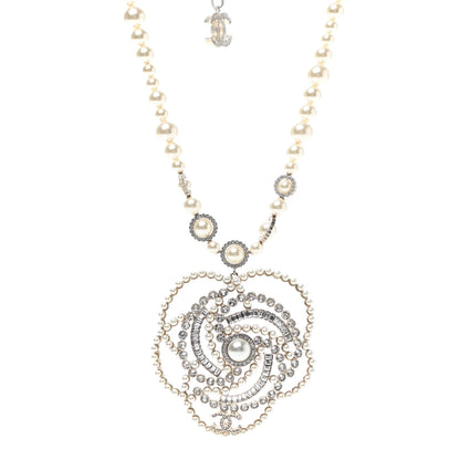 Chanel Pearl Crystal Lace Camellia Necklace Gold 1 of 6
