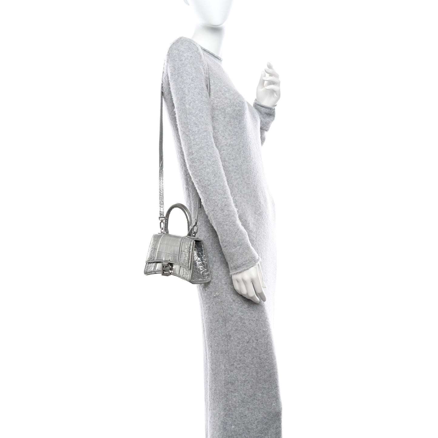 Metallic Calfskin Crocodile Embossed Hourglass Top Handle Bag XS Silver