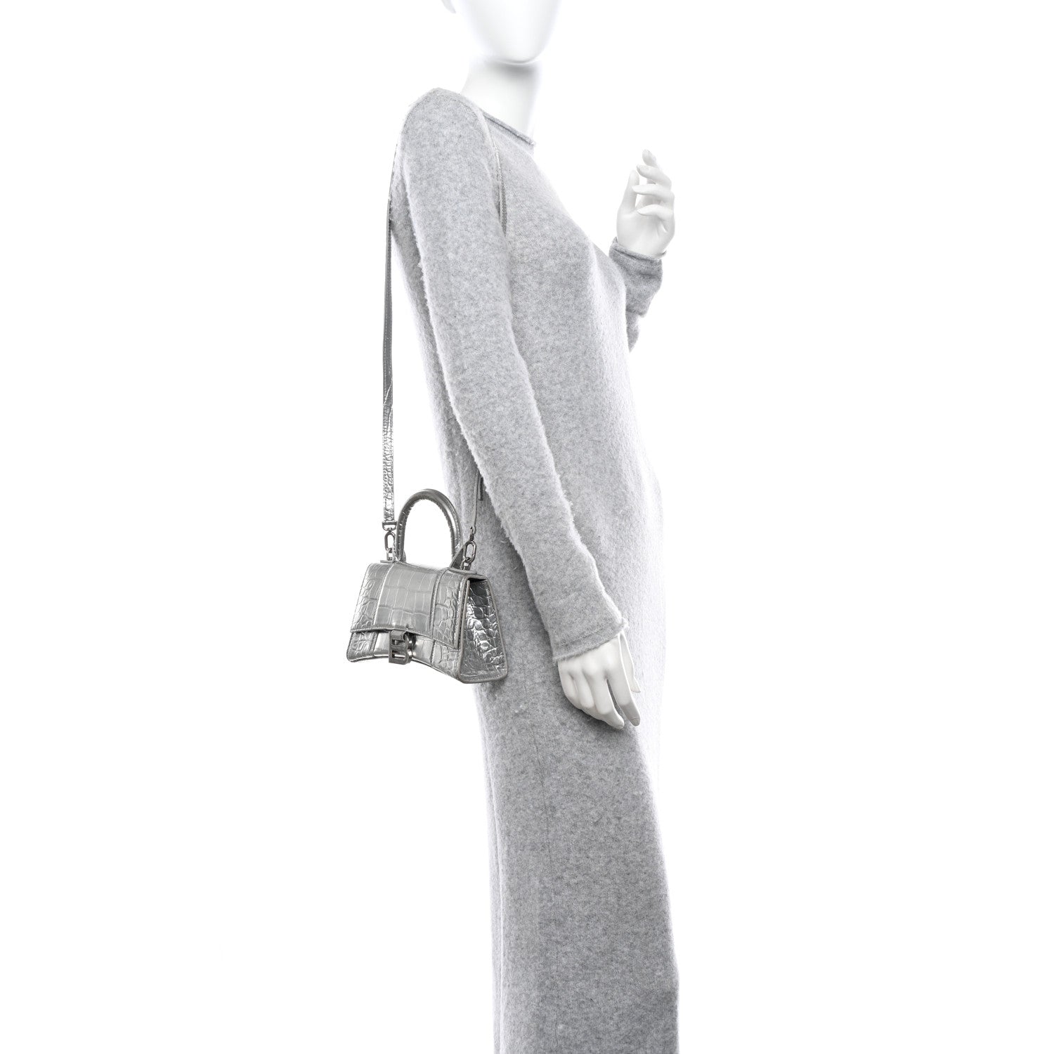 Balenciaga Metallic Calfskin Crocodile Embossed Hourglass Top Handle Bag XS Silver 2 of 12