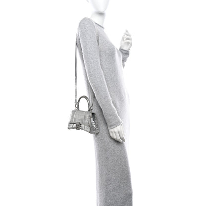 Balenciaga Metallic Calfskin Crocodile Embossed Hourglass Top Handle Bag XS Silver 2 of 12