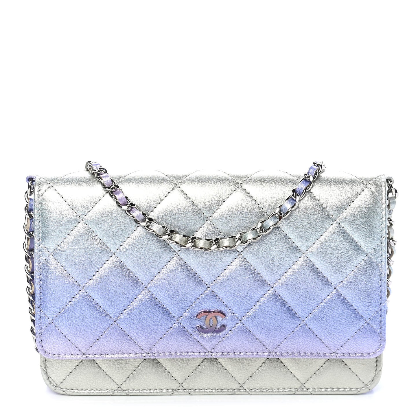Gradient Metallic Calfskin Quilted Wallet On Chain WOC Silver Blue Yellow Purple