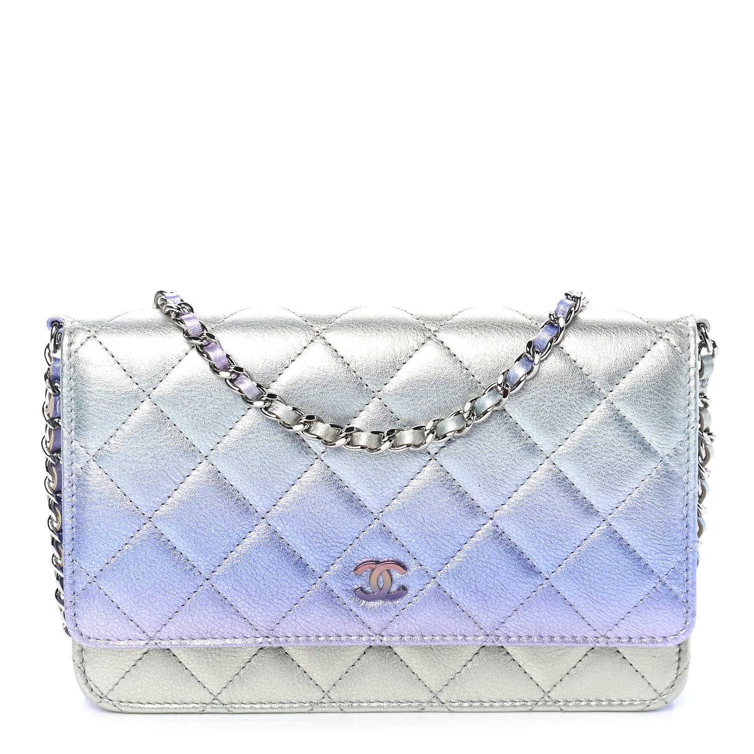 Chanel Gradient Metallic Calfskin Quilted Wallet On Chain WOC Silver Blue Yellow Purple 1 of 10
