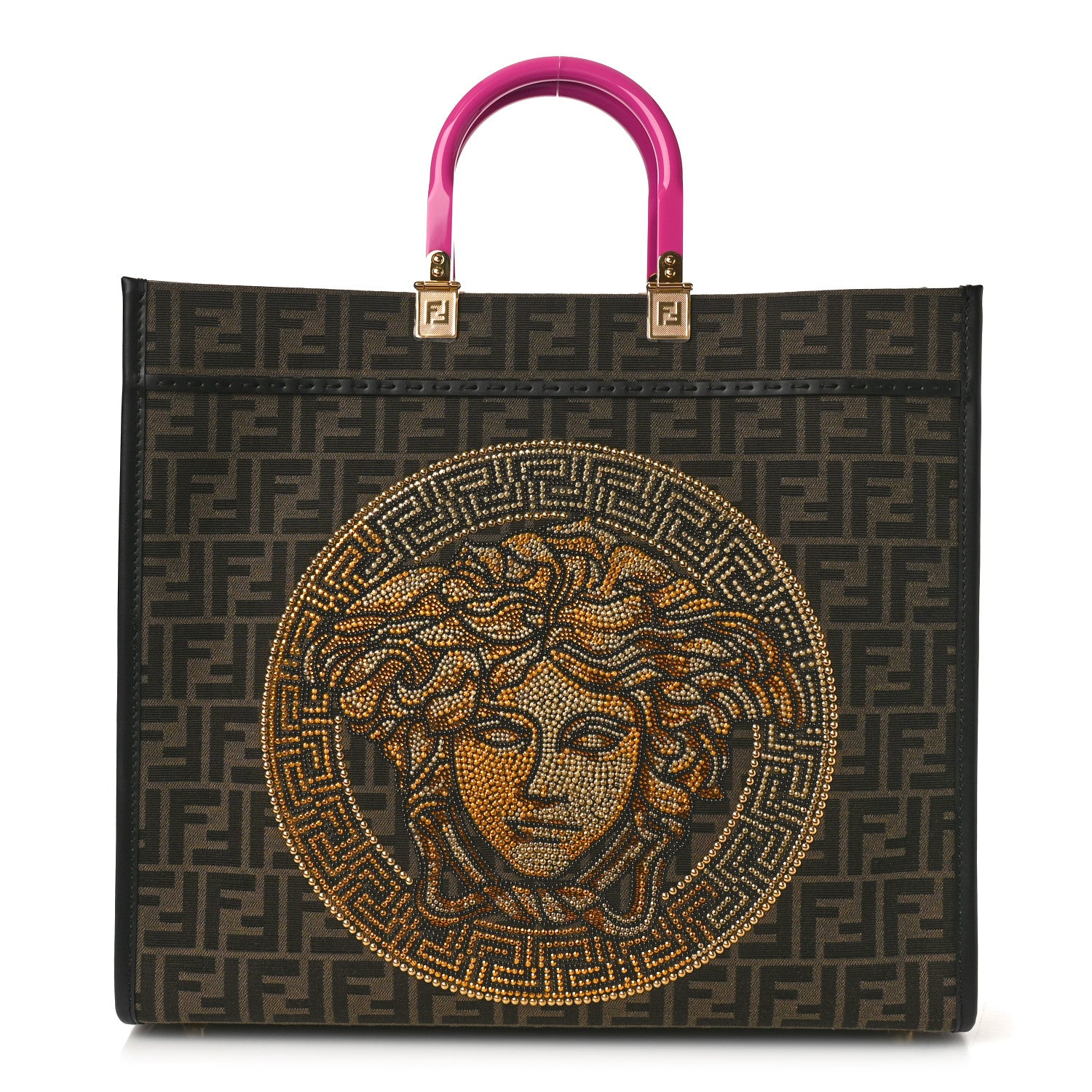 Fendi X VERSACE Fabric Jacquard Calfskin Plexiglass Fendace FF Medusa Studded Large Fendi Sunshine Shopper Tote Marrone Fuxia 1 of 10