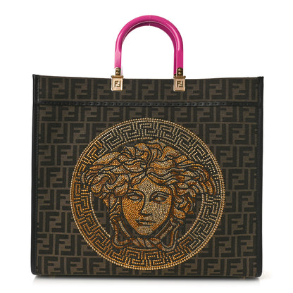 Fendi X VERSACE Fabric Jacquard Calfskin Plexiglass Fendace FF Medusa Studded Large Fendi Sunshine Shopper Tote Marrone Fuxia 1 of 10