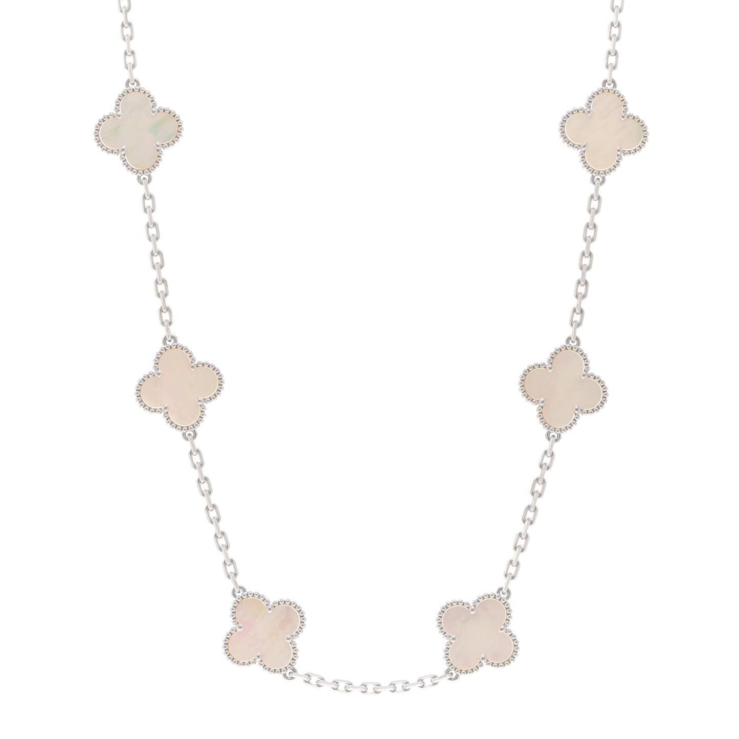 18K White Gold Mother of Pearl 10 Motifs Vintage Alhambra Necklace