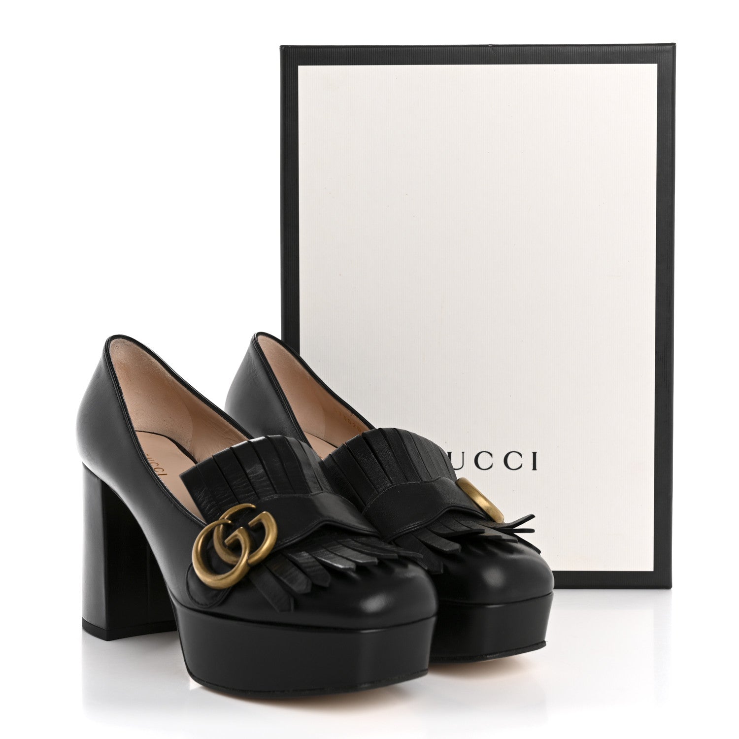 Gucci Malaga Kid GG Marmont Fringe Platform Loafer Pumps 37 Black 10 of 10