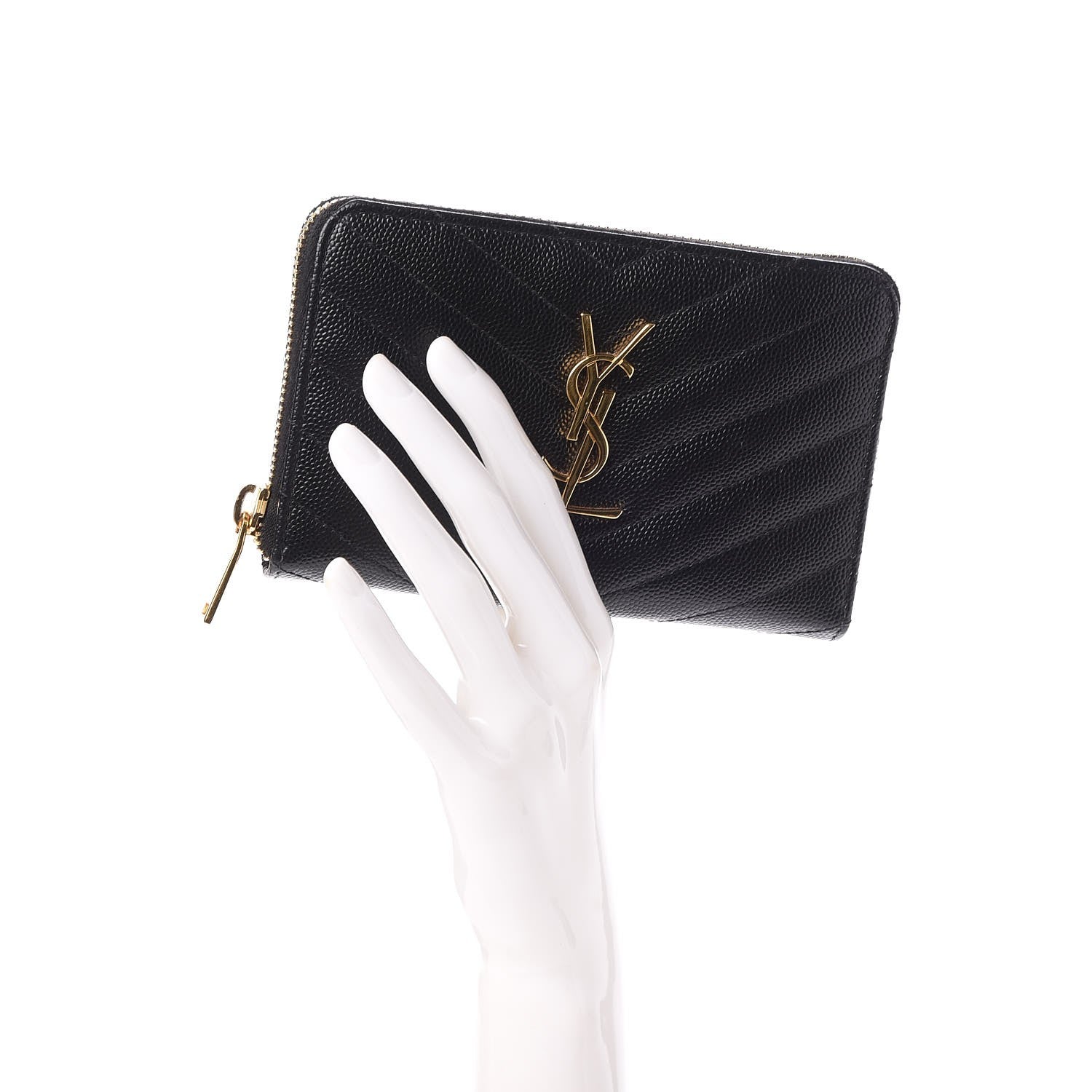Saint Laurent Grain De Poudre Matelasse Chevron Monogram Zip Around Wallet Black 2 of 7