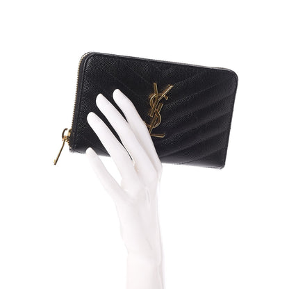 Saint Laurent Grain De Poudre Matelasse Chevron Monogram Zip Around Wallet Black 2 of 7