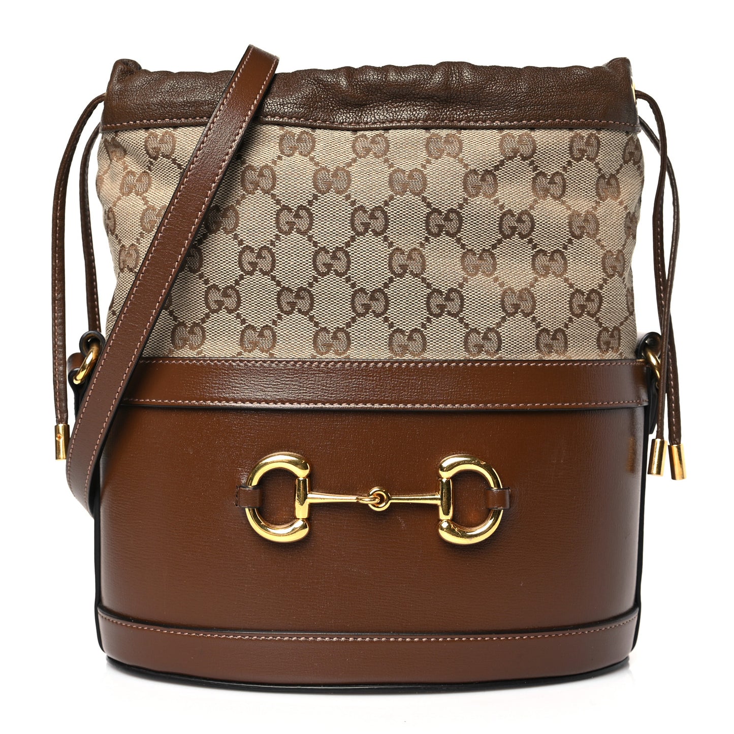 Monogram Textured Calfskin Horsebit 1955 Drawstring Bucket Bag Beige Brown Sugar