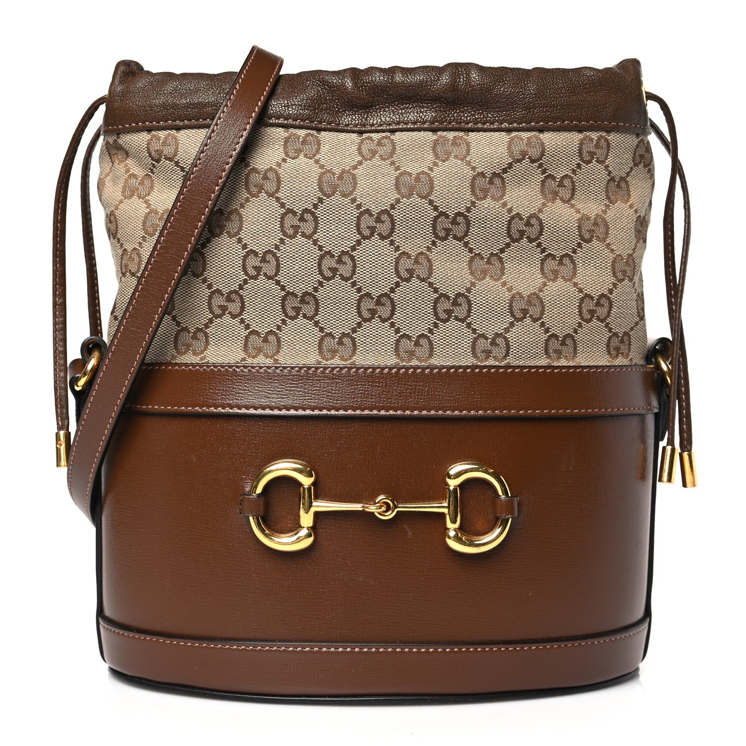Gucci Monogram Textured Calfskin Horsebit 1955 Drawstring Bucket Bag Beige Brown Sugar 1 of 9