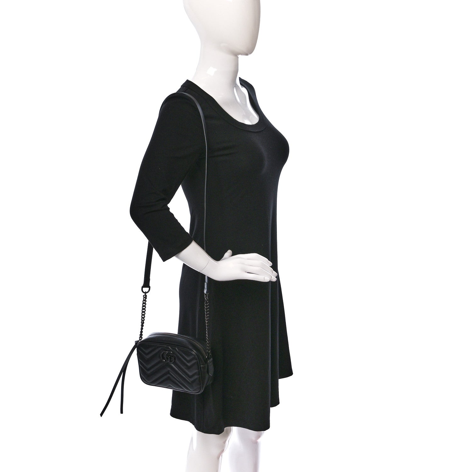 Gucci Calfskin Matelasse Monochrome Mini GG Marmont Chain Shoulder Bag Black 2 of 8