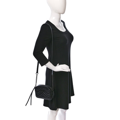 Gucci Calfskin Matelasse Monochrome Mini GG Marmont Chain Shoulder Bag Black 2 of 8