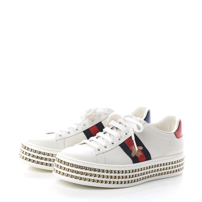 Gucci Calfskin Crystal Web Bee Embroidered Womens Ace Platform Sneakers 37 White 3 of 7