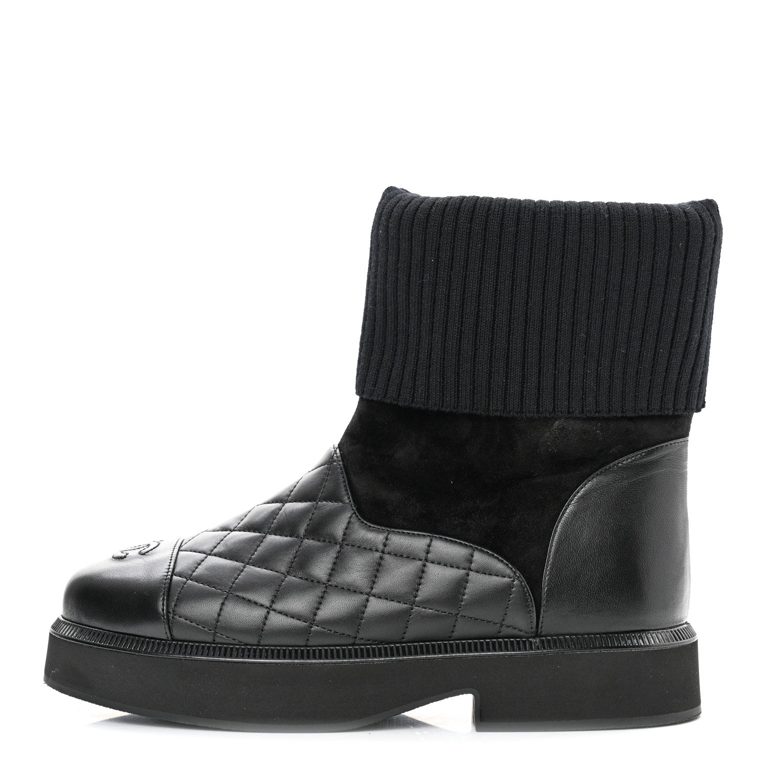 Chanel Suede Lambskin Calfskin Knit Womens Ankle Boots 37.5 Black 1 of 8