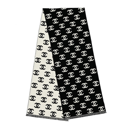 Chanel Wool Cashmere CC Scarf Black White 3 of 3