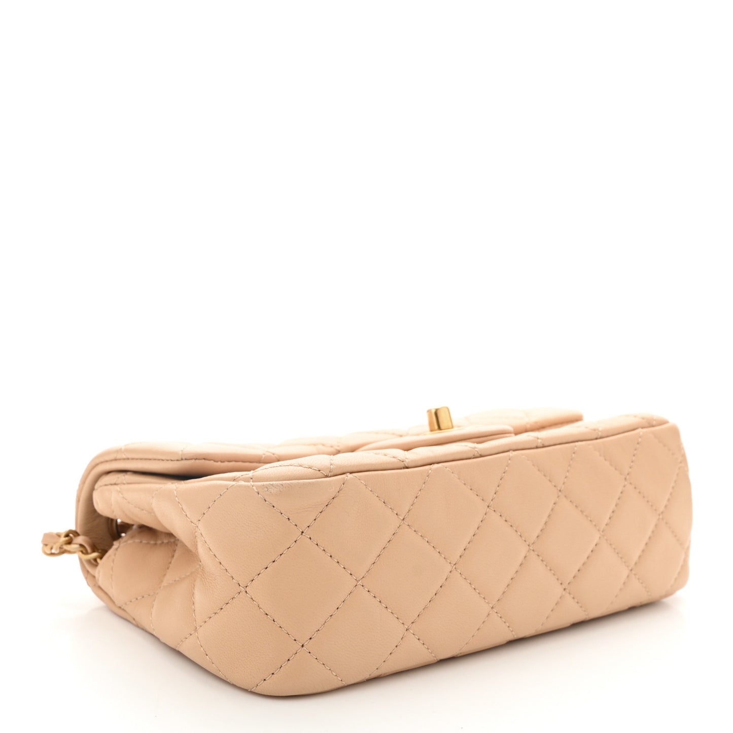 Lambskin Quilted Mini Rectangular Pearl Crush Flap Beige