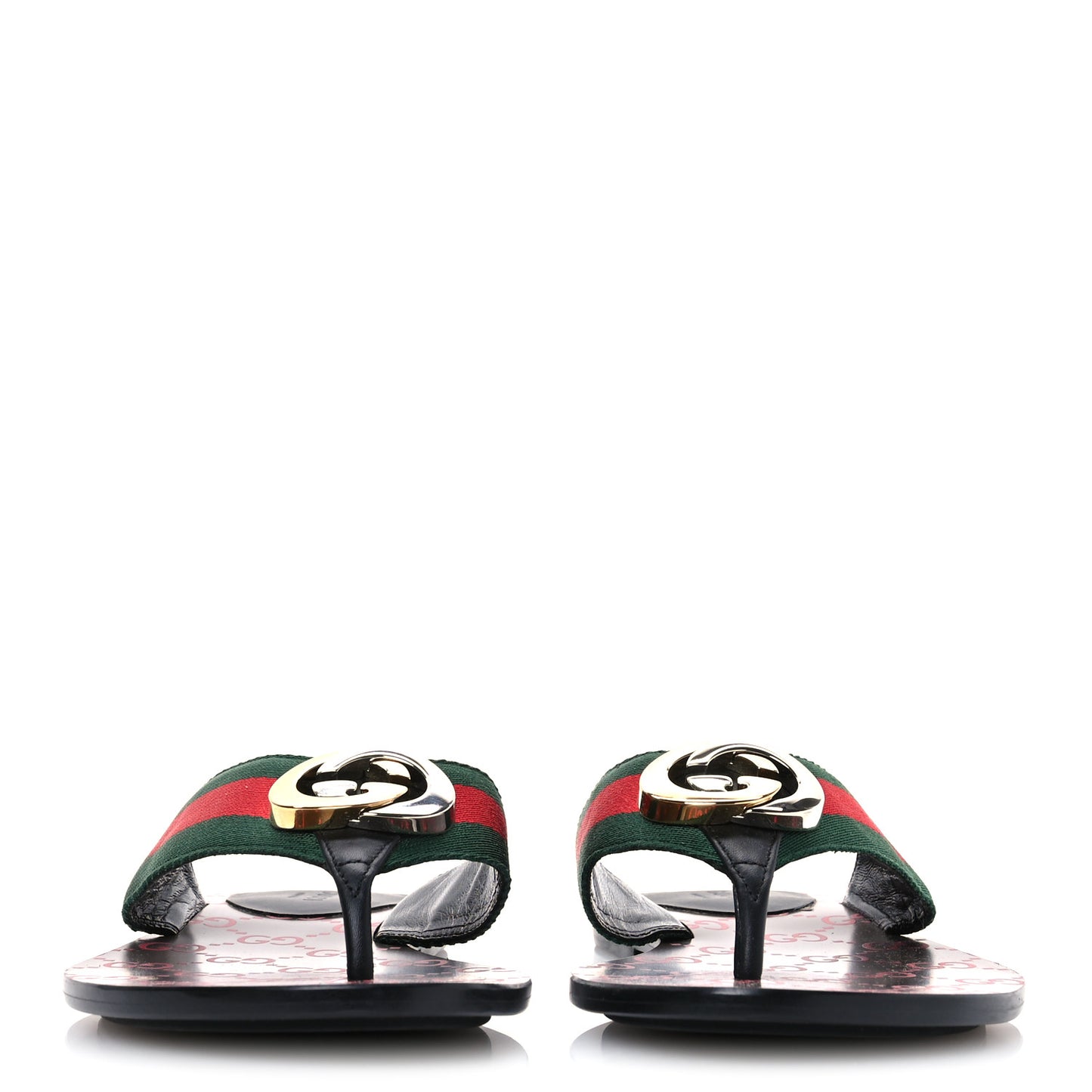 Nylon Calfskin Web GG Monogram Womens Thong Sandals 38.5 Green Red Cocoa