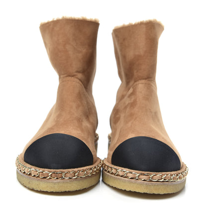 Chanel Kid Suede Shearling Womens Cap Toe Chain Short Boots 40 Light Brown Black 2 of 7