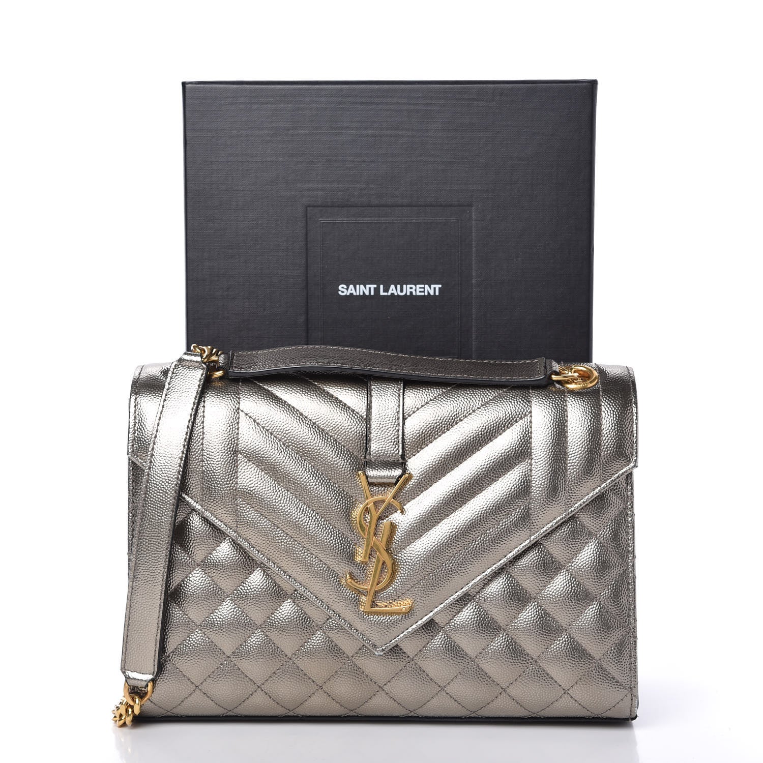 Saint Laurent Metallic Grain De Poudre Textured Mixed Matelasse Triquilt Medium Monogram Satchel Piombo 10 of 10