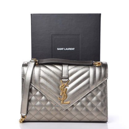 Saint Laurent Metallic Grain De Poudre Textured Mixed Matelasse Triquilt Medium Monogram Satchel Piombo 10 of 10