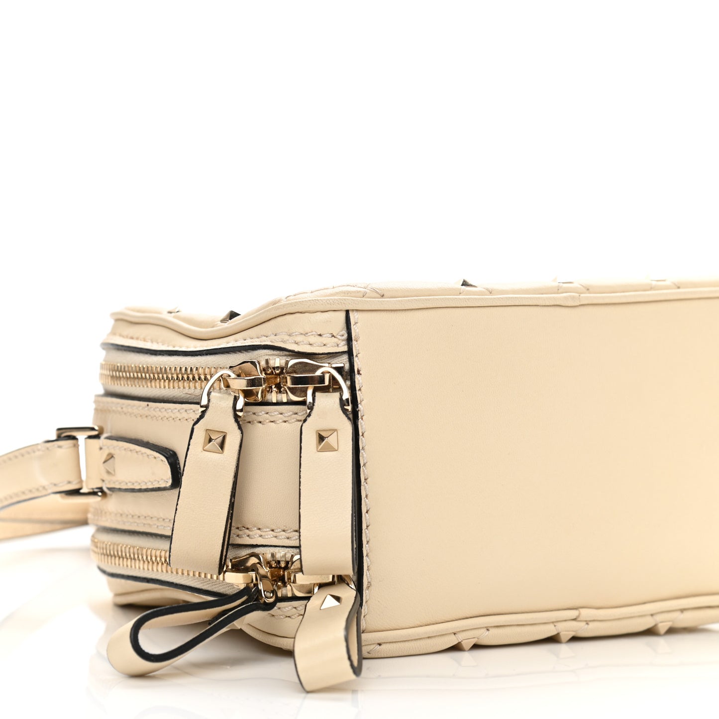 Nappa Rockstud Spike Double Zip Camera Crossbody Bag Light Ivory