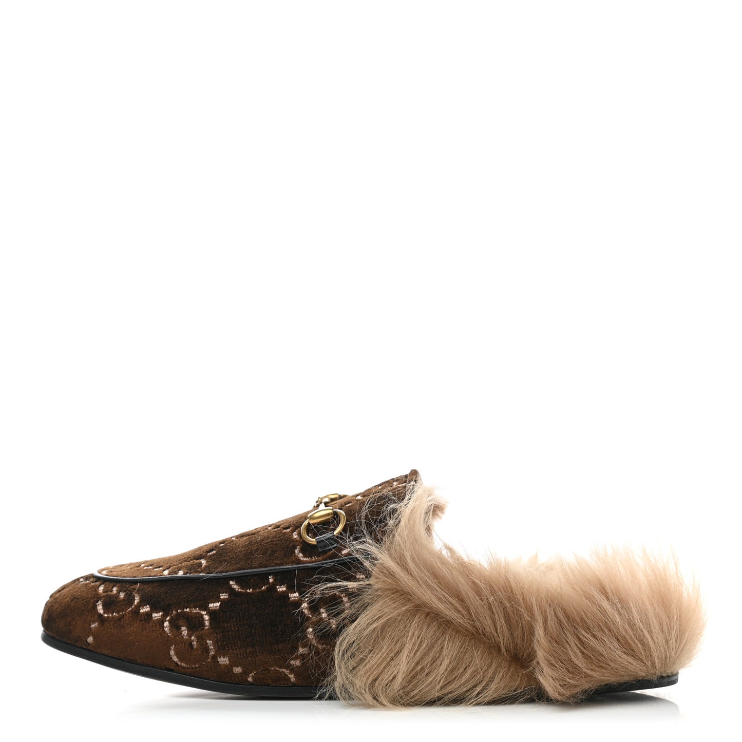 Velvet GG Monogram Fur Womens Princetown Slippers 38.5 Brown Black Natural