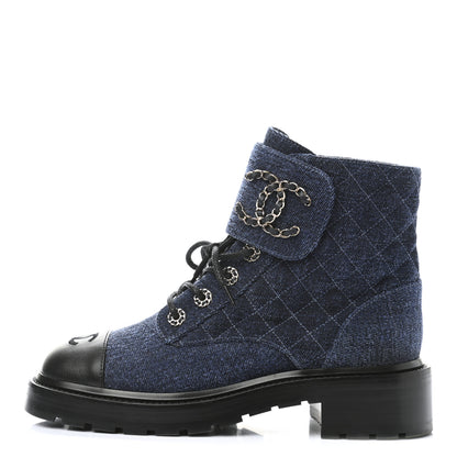 Chanel Shiny Calfskin Velvet Quilted Lace Up Combat Boots 39 Blue Black 1 of 8